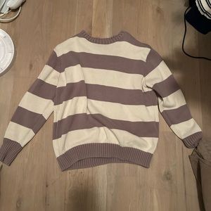brown and white stripped crewneck sweater